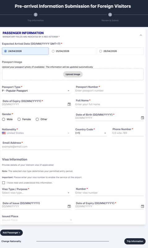 Step 2 — Passenger Information form on the Vietnam Pre-Arrival portal
